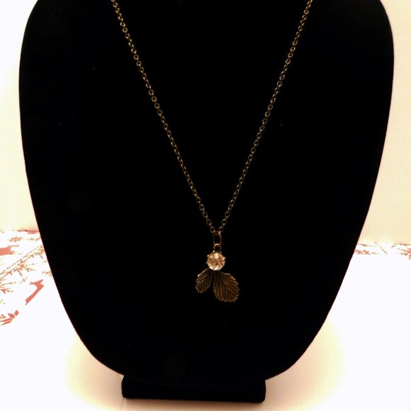 Delicate Bronze Nature Inspired Leaf & Rhinestone Pendant Necklace (25 inches) - Picture 4 of 4